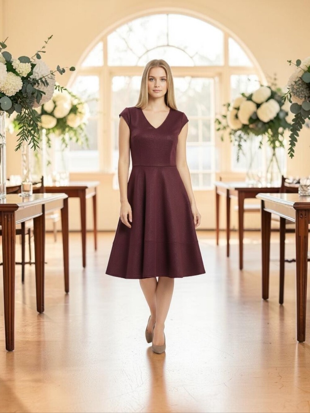 Bar III Burgundy Fit-and-Flare Midi Dress
